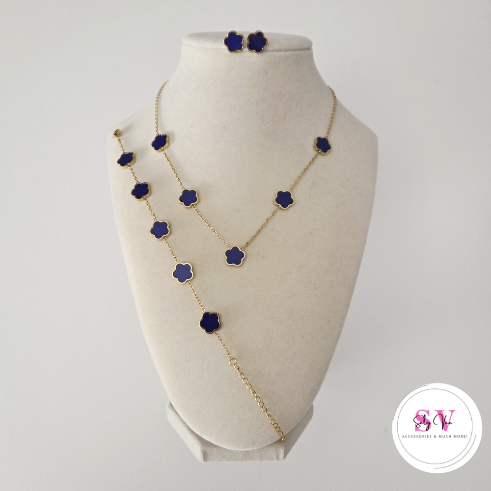 Bundle Of 3 Stainless Steel Blue And Gold Necklace, Earrings And Bracelet